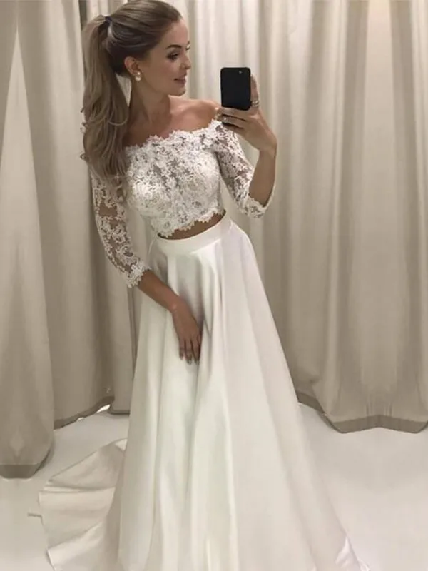 A-Line/Princess Off-the-Shoulder 3/4 Sleeves Sweep/Brush Train Lace Satin Wedding Dresses
A-Line/Princess Off-the-Shoulder 3/4 Sleeves Sweep/Brush Train Lace Satin Wedding Dresses