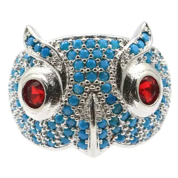 

23x19mm Romantic Owl Shape Created Blue Turquoise Blood Ruby Ladies Present Silver Rings