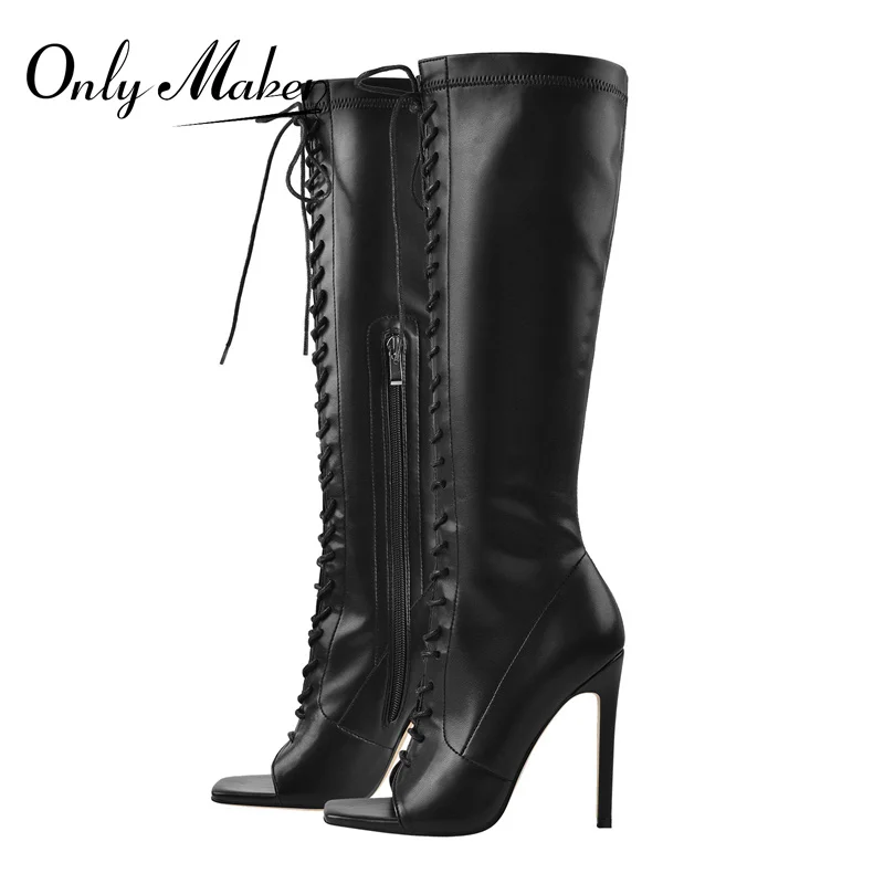 

Onlymaker Women Square Peep Toe Thin High Heels Lace Up Matte Black Knee High Boot Side Zipper Big Size Boots