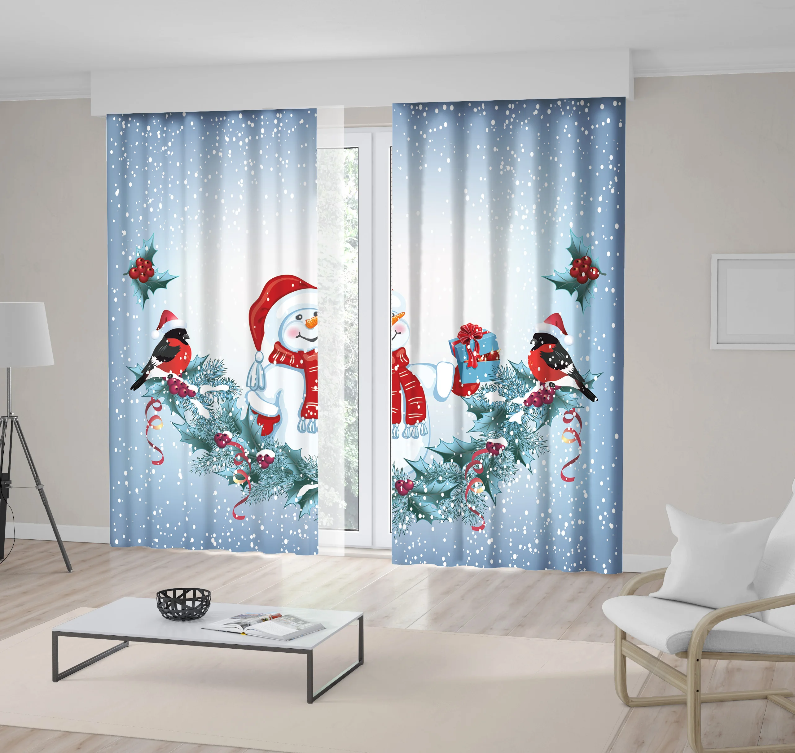 Snowman in Santa Hat with Gift Box Christmas Decorative Garland and Bullfinches Snowy Winter Holiday Theme Red White Art Curtain
Snowman in Santa Hat with Gift Box Christmas Decorative Garland and Bullfinches Snowy Winter Holiday Theme Red White Art Curtain