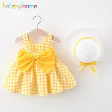 Conjunto de ropa de 2 piezas para niño de verano, vestidos de playa para bebé, bonito arco a cuadros, vestido de princesa de algodón sin mangas + sombrero para el sol 2012