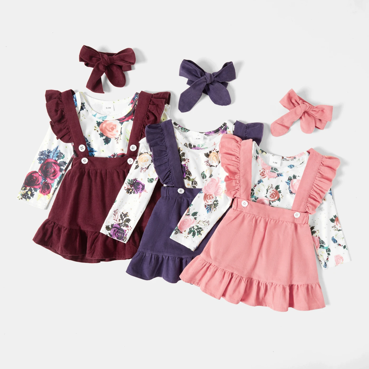 Conjunto 3 peças floral body + jardineira + bandana para bebê Conjunto 3 peças floral body + jardineira + bandana para bebê