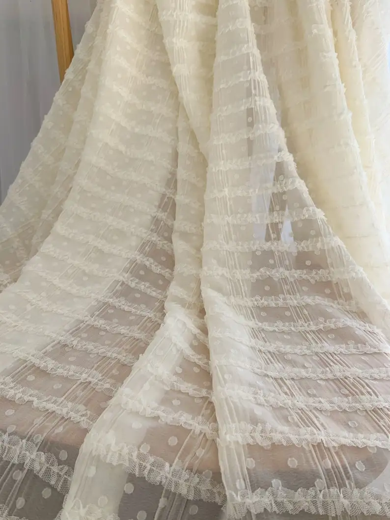 

1 Yards Ivory Creased Chiffon Fabric With Ruffles And Polka Dots, Chiffon Fabric With Frills For Dress Couture Costume