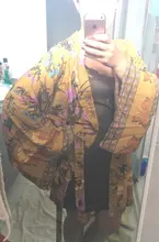 Kimono Shirt Blouse Tops Long-Cardigan Bohemian Yellow V-Neck Beach Women Flower-Print