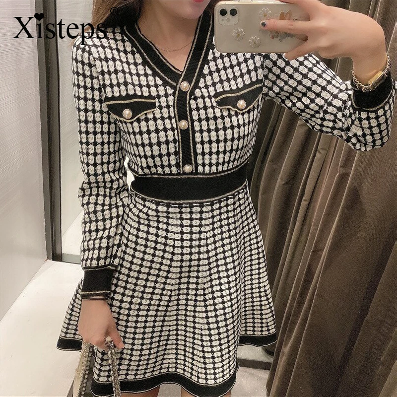 Xisteps 2020 Women Geometric Knitted Dress Women High Waist Houndstooth Lady Sweater A-line Defined Waist Female Autumn Winter
Xisteps 2020 Women Geometric Knitted Dress Women High Waist Houndstooth Lady Sweater A-line Defined Waist Female Autumn Winter
