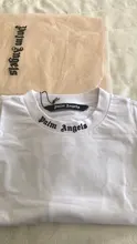 Palm Angels carta logotipo Unisex de los hombres las mujeres AMANTES DE Estilo de pareja de moda de algodón de manga corta de cuello redondo Camiseta novio regalo