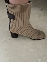 SLHJC-Botines de tela de punto para mujer, botas de tacón alto y tejido elástico, sin cordones, con punta cuadrada, para Otoño e Invierno