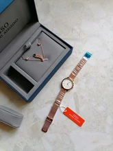 Conjunto de reloj de lujo para mujer, regalo elegante para amantes, collar de cobre, pendientes, correa de acero inoxidable, relojes dama reloj para mujer