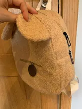 Mochila portátil para la compra de viaje para niños, morral informal de lana de cordero para otoño e invierno, mochila de hombro en forma de oso
