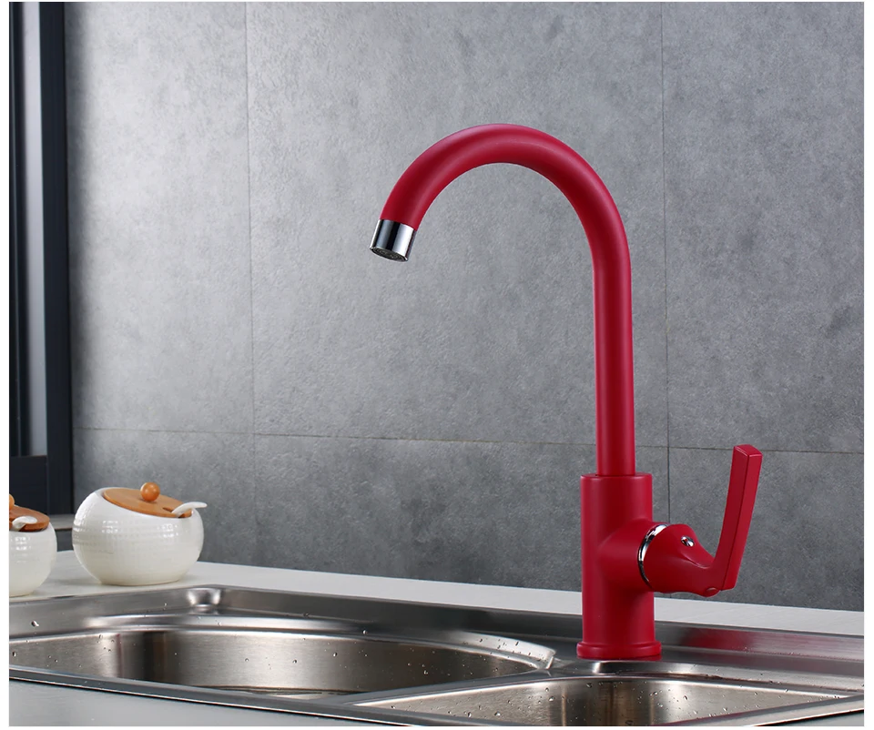 Potato Modern Style Red Single Handle Hot and Cold Water Mixer High Arcs Faucet Red Kitchen Sink Faucet p40229-16