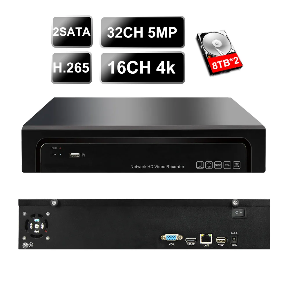 

4K Onvif NVR supports 32ch 5MP or 16ch 4K ip camera access 2 SATA UP16TB P2P record H.264/H.265 Network Video Recorder