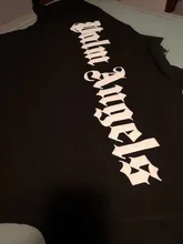 Palm Angels carta logotipo Unisex de los hombres las mujeres AMANTES DE Estilo de pareja de moda de algodón de manga corta de cuello redondo Camiseta novio regalo