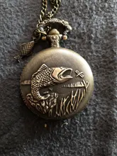 Hecho de pesca de bronce escultura reloj de bolsillo collar Fob cadena Steampunk reloj de cuarzo Retro de bolsillo regalo de reloj + accesorios de pesca