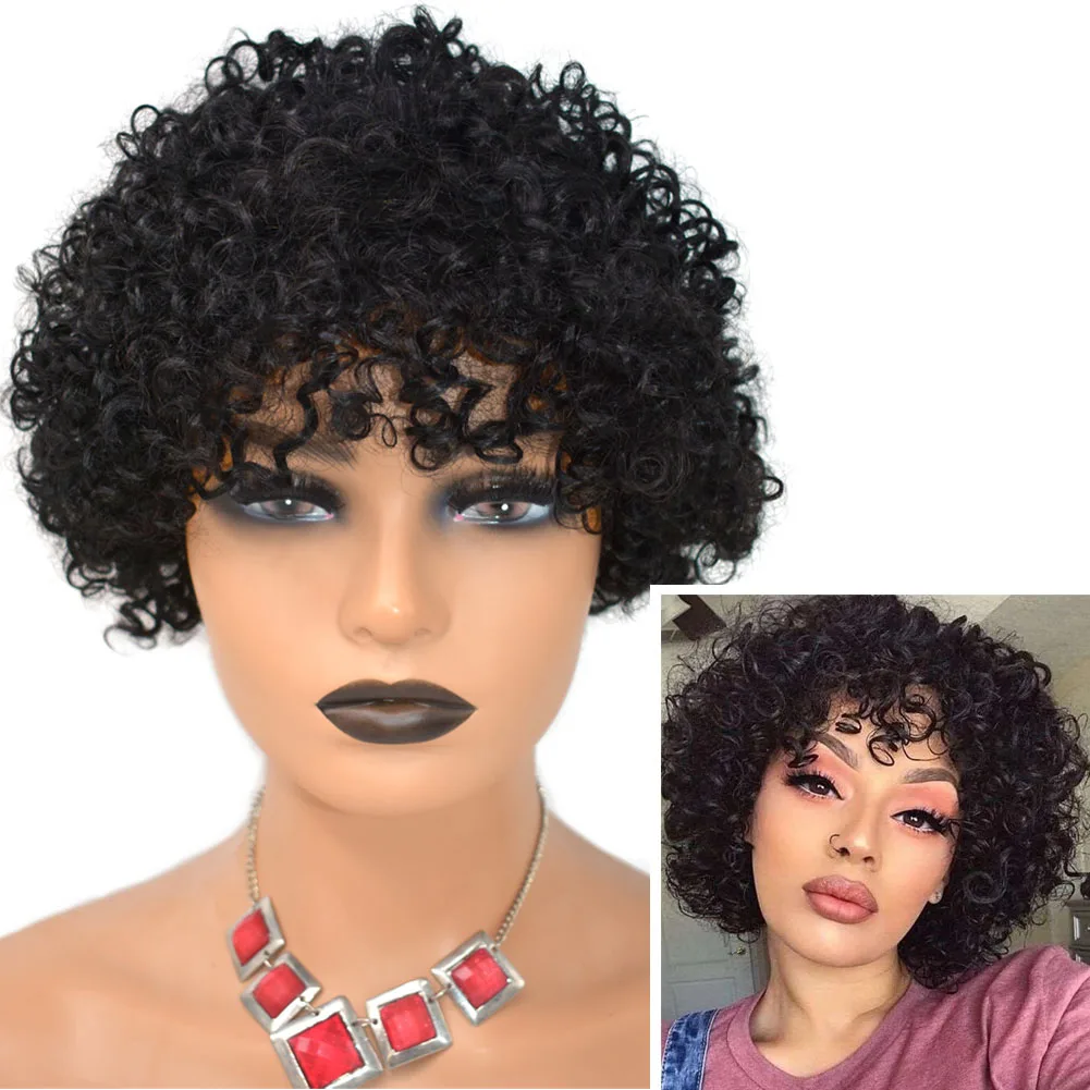 

Short Human Hair Afro Kinky Curly Wigs Made None Lace Front Glueless for Black Women with Bangs African American Full Machine