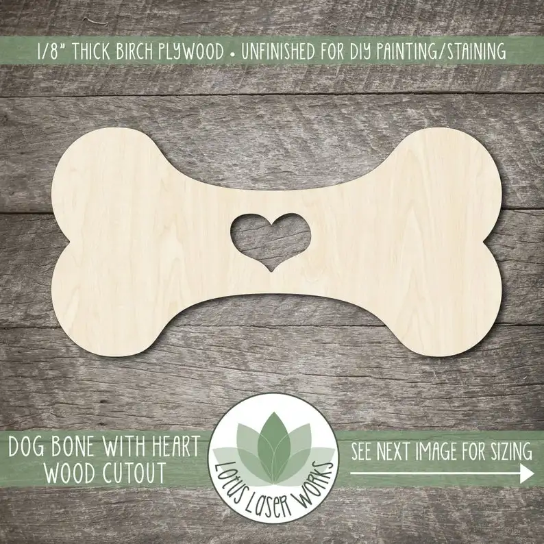 Wood Dog Bone With Heart Shape, Wooden Dog Bone Embellishments, Blank Wood Craft Cutouts
Wood Dog Bone With Heart Shape, Wooden Dog Bone Embellishments, Blank Wood Craft Cutouts