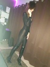 Monos sexys de manga larga para mujer, mono de malla de moda con entrepierna abierta, negro, entallado con doble cremallera, 2018