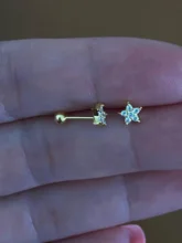 Pendientes Piercing Plata de primera ley para mujer, aretes, Plata esterlina 925, purpurina, estilo minimalista, con broche de Luna, aniversario, boda