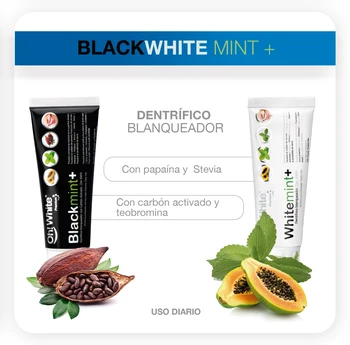 Pack toothpaste teeth bleaching and toothpaste with coal activated. The kit includes the dentifrices WHITEMINT + BLACKMINT + 
Pack toothpaste teeth bleaching and toothpaste with coal activated. The kit includes the dentifrices WHITEMINT + BLACKMINT +