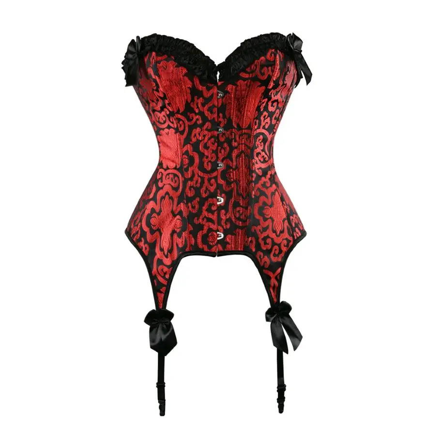 

Vintage Floral Jacquard Bow Overbust Corset Top For Women Burlesque Sexy Lace Up Body Shaper Bustier Lingerie Clubwear Costume