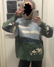 Suéter de invierno Vintage de vaca para hombre y mujer, jersey de cuello redondo coreano de punto, ropa informal Harajuku para parejas, ropa de calle de punto de gran tamaño, 2021