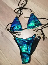 Nayooton-Conjunto de Bikini triangular con lentejuelas brillantes para mujer, ropa de playa Sexy con cordón, traje de baño de cuello alto cruzado con cuello Halter, traje de baño de cintura baja