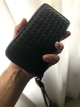 Cartera de cuero tejida larga para hombre y mujer, bolso de mano de marca de lujo, cartera sencilla a la moda, 100% de gran capacidad de piel de oveja