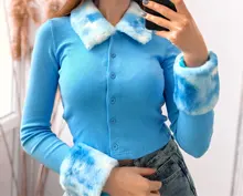 Cárdigans de punto acanalado para mujer, suéteres con cuello de piel, manga larga, elásticos, jerséis con punto Y2K para Otoño e Invierno