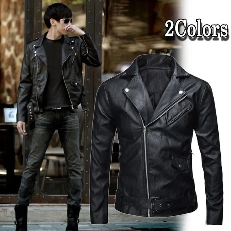 Мужская Осенняя кожаная куртка Slim Fit мотоциклетная на молнии повседневное пальто