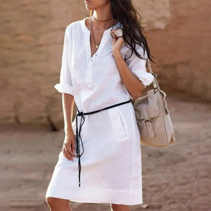 Women Summer Cotton Linen Long Sleeve V-neck Ladies Casual Loose Short Dress Holidays Vacation Casual Solid Dress
Women Summer Cotton Linen Long Sleeve V-neck Ladies Casual Loose Short Dress Holidays Vacation Casual Solid Dress