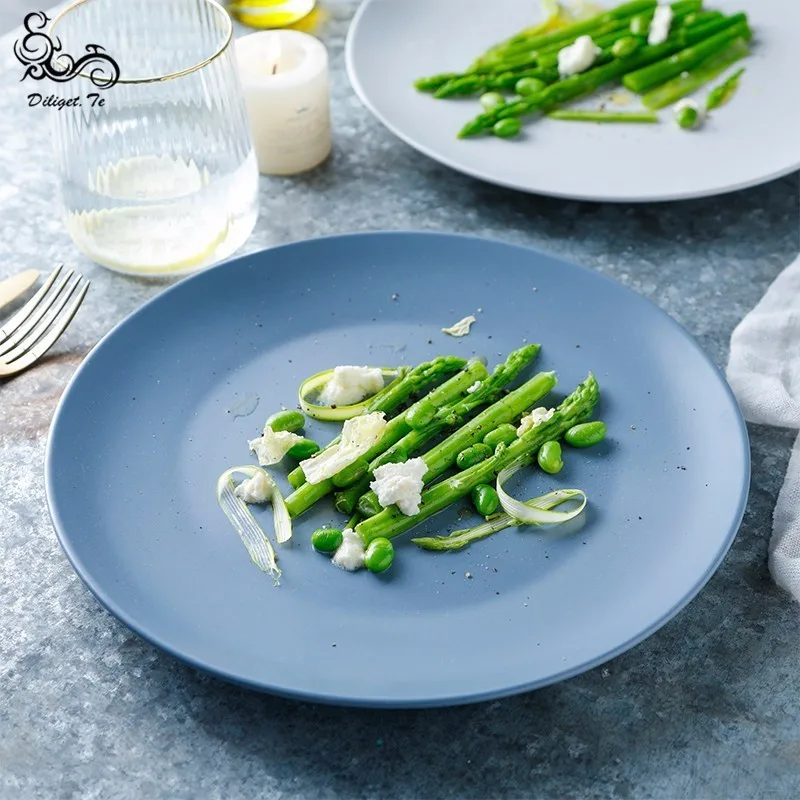

Diliget.Te 10-inch Matte Blue Flat Ceramics Dinner Plates Salad Steak Bread Butter Solid Round Dessert Dishes For Food Tableware