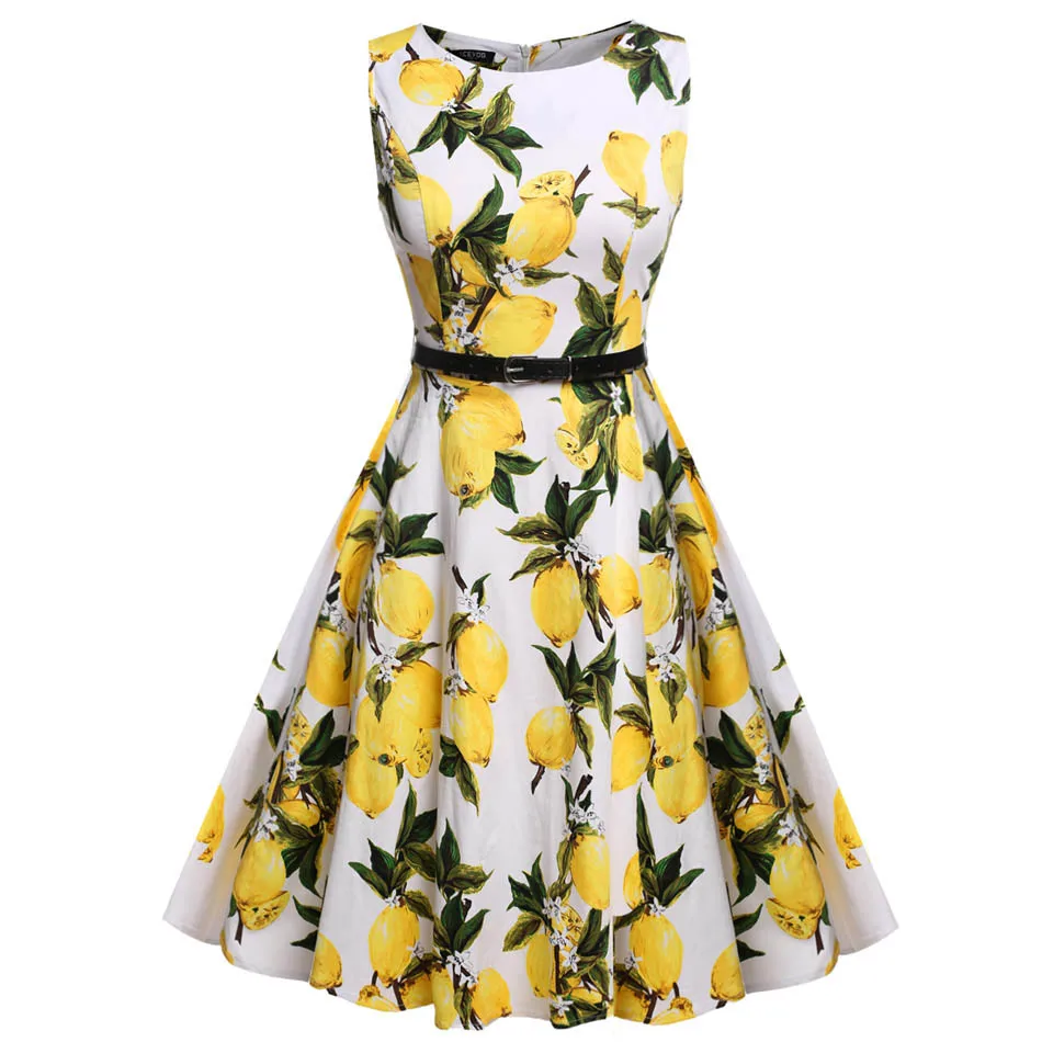 ACEVOG Women's Vintage Sleeveless Dress w/ High Waist & Flower Print & Pleated Swing Hem & Belt