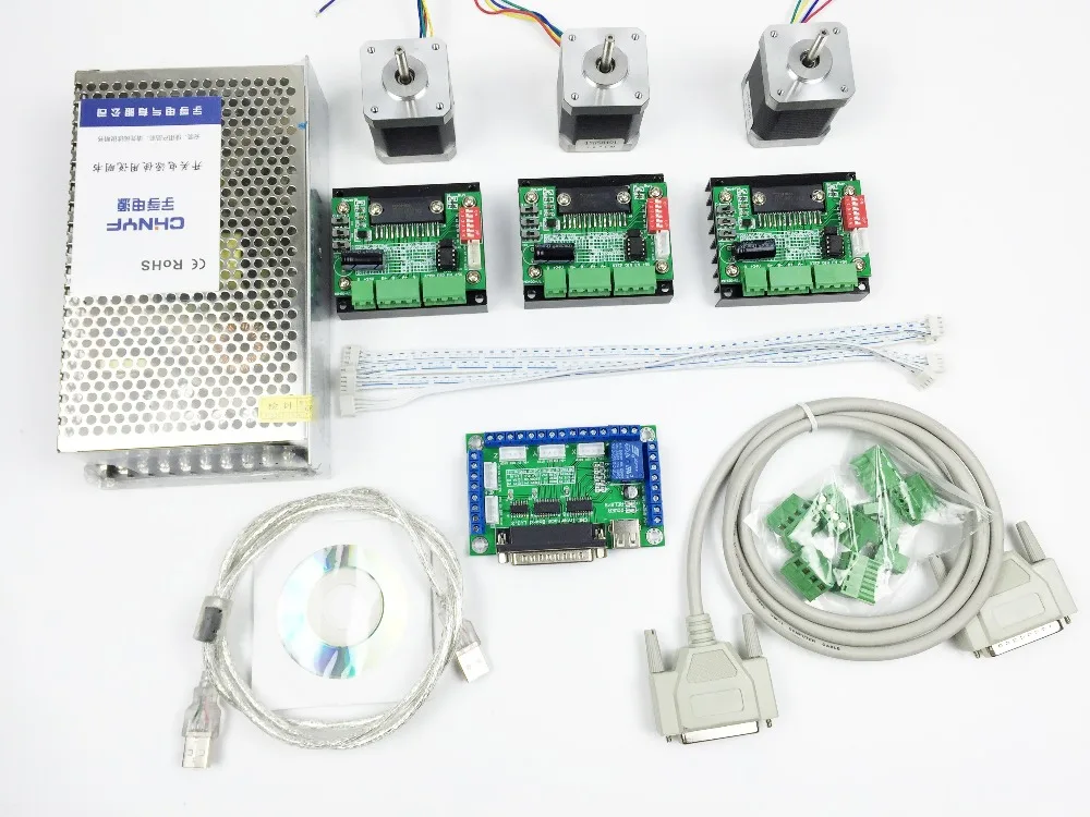 CNC Router mach3 3 Axis Kit, 3pcs TB6560 driver + 5 axis stepper motor controller + 3pcs nema17 1.8A motor +24V power supply
CNC Router mach3 3 Axis Kit, 3pcs TB6560 driver + 5 axis stepper motor controller + 3pcs nema17 1.8A motor +24V power supply