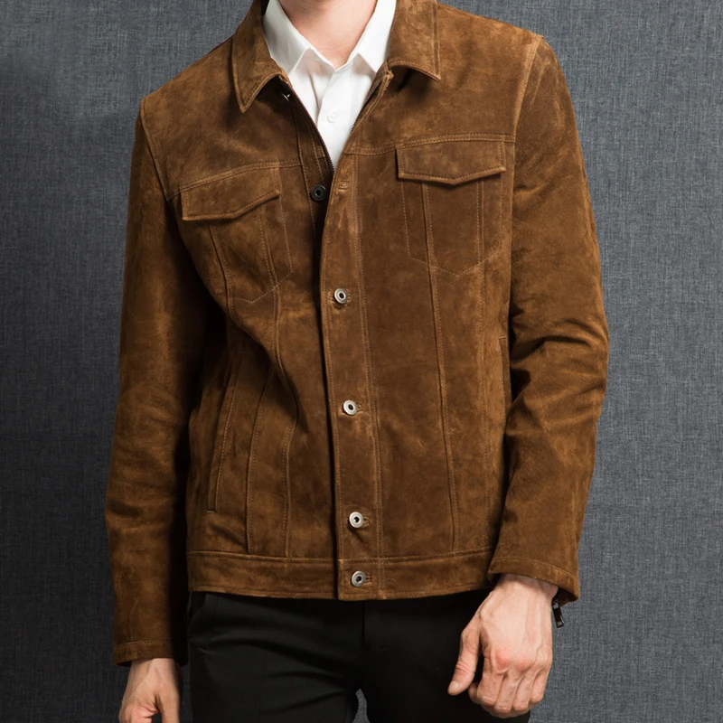 Kожаная куртка мужская коричневая из натуральной свиной кожи покрой джинсовой