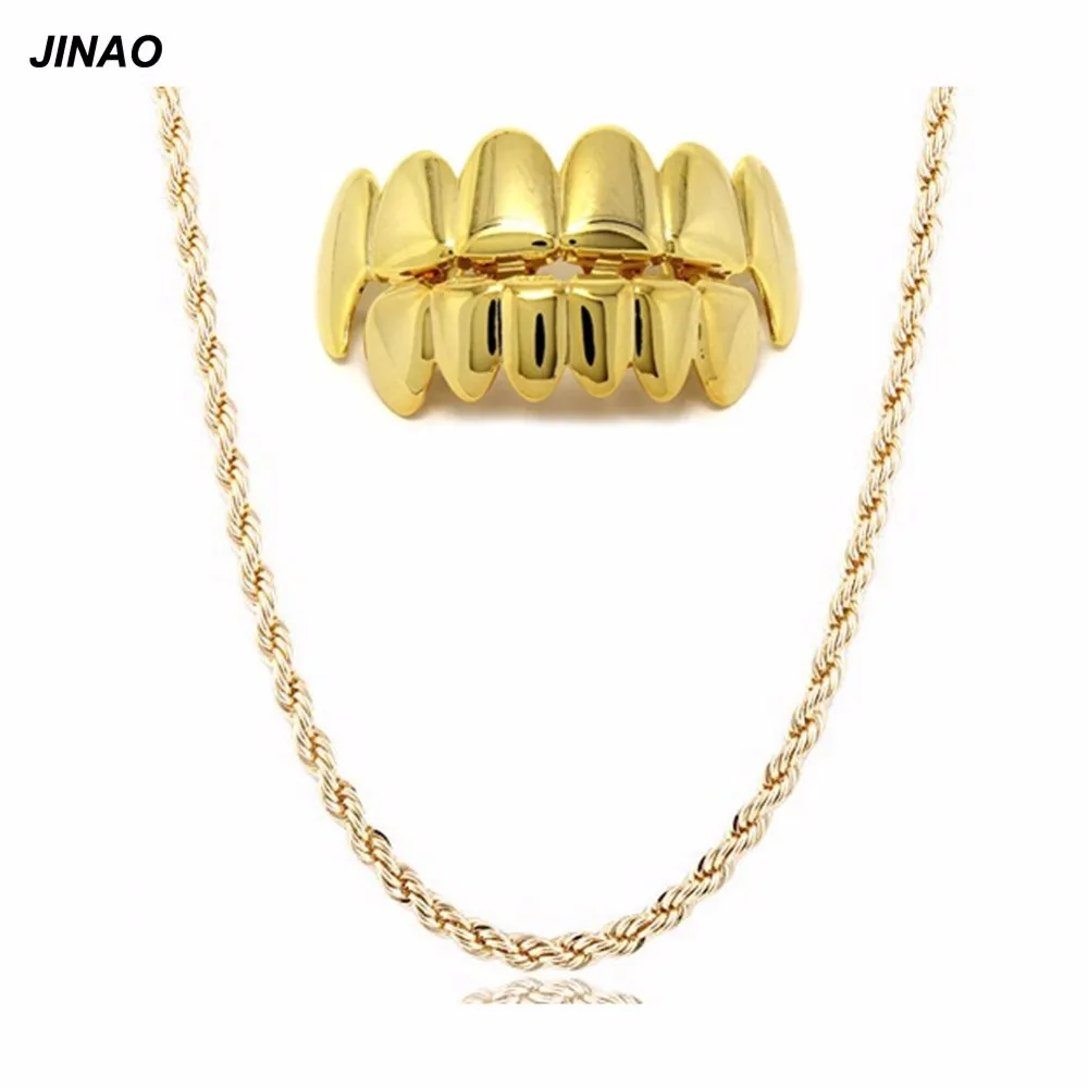 JINAO New Custom Fit Gold ColorPlated Hip Hop Teeth Grills Caps Top&Bottom Grill Set with 6mm Golden Rapper's Chain Necklace 24"
JINAO New Custom Fit Gold ColorPlated Hip Hop Teeth Grills Caps Top&Bottom Grill Set with 6mm Golden Rapper's Chain Necklace 24"