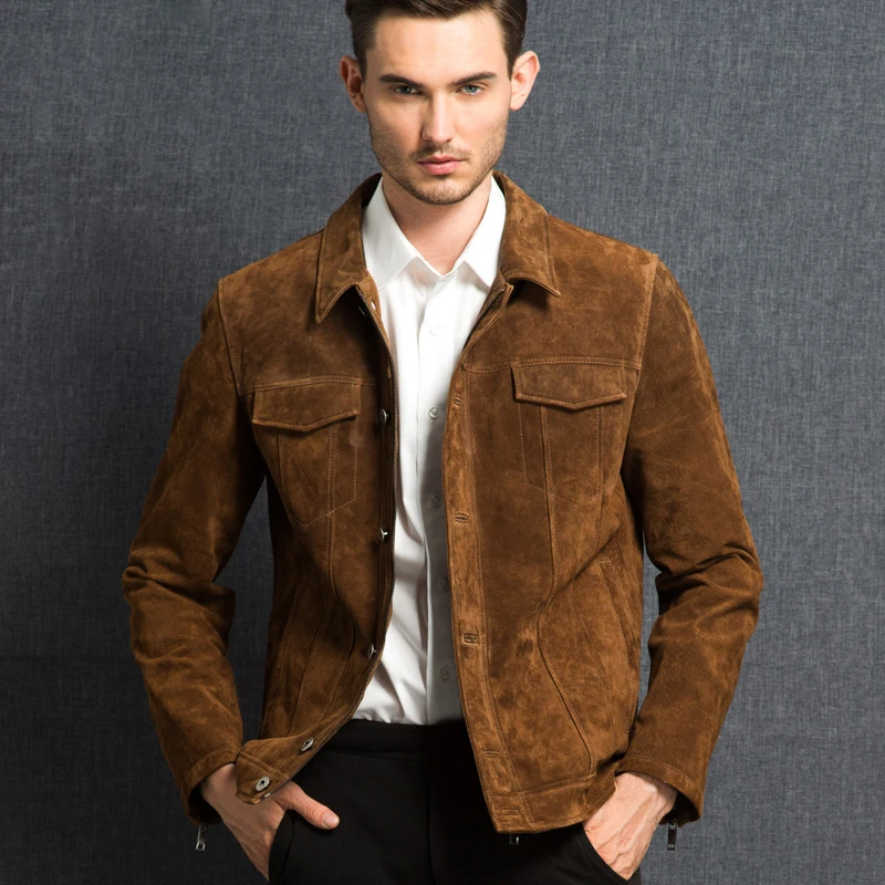 Kожаная куртка мужская коричневая из натуральной свиной кожи покрой джинсовой
