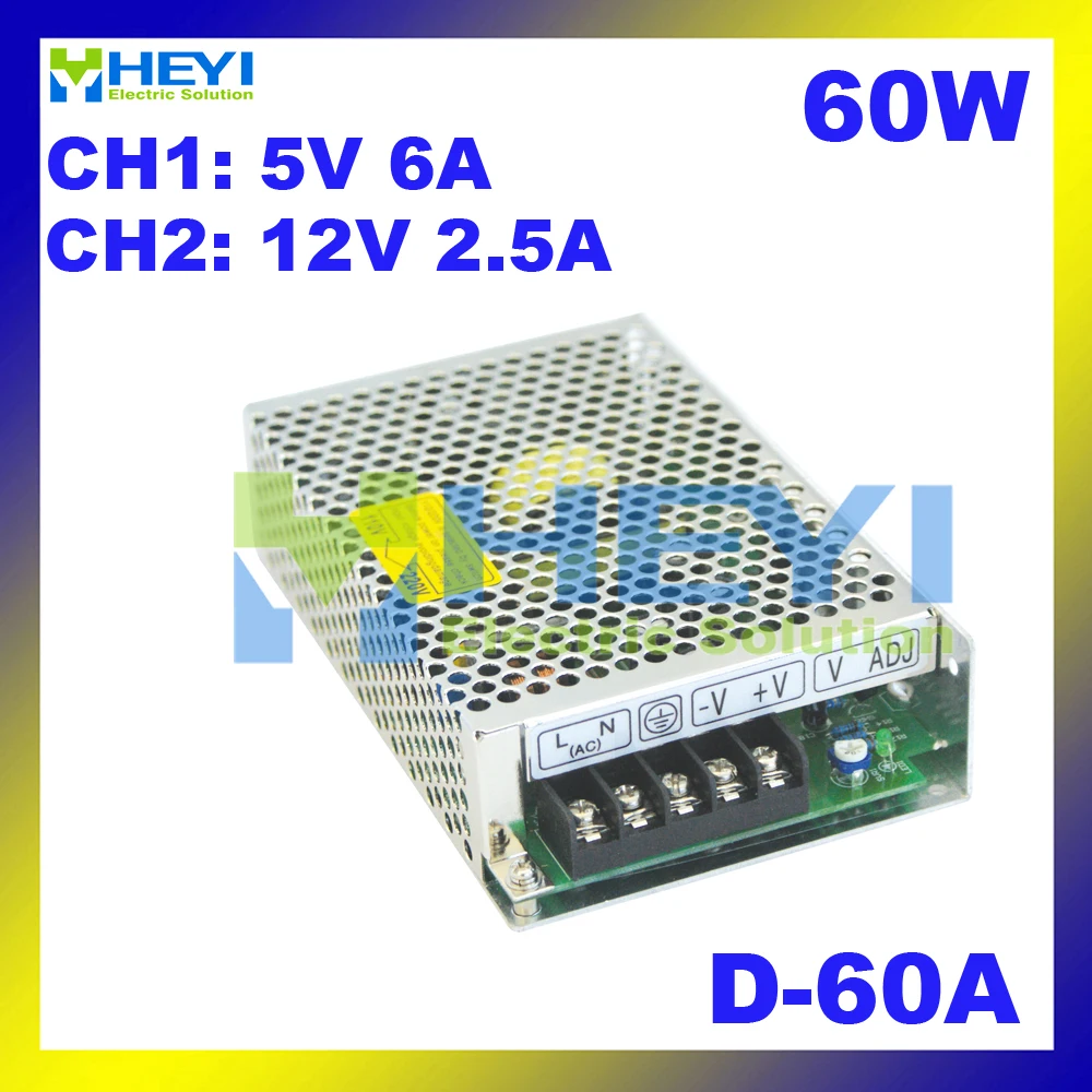 AC to DC dual output Switching Power Supply D-60A 110 / 220VAC output: 5V 6A & 12V 2.5A power supply
AC to DC dual output Switching Power Supply D-60A 110 / 220VAC output: 5V 6A & 12V 2.5A power supply