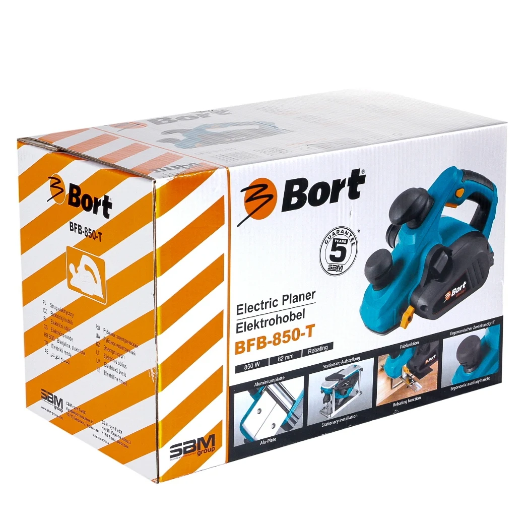 Рубанок электрический Bort BFB-850-T(возможность стационарной установки, выборка четверти, пылесборный мешок)