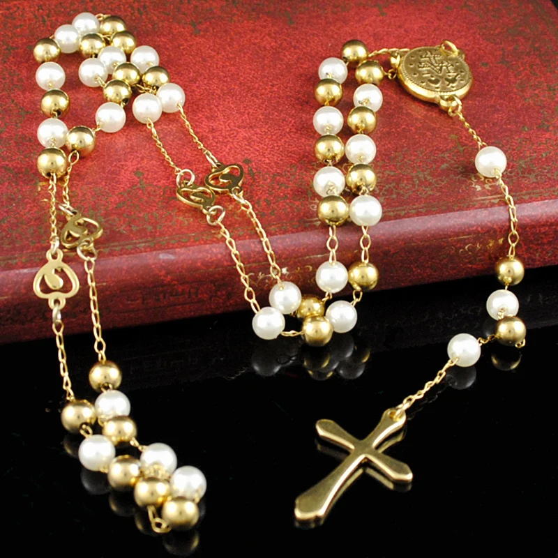 Gold&White Long Rosary Necklace New Fashion 6mm Beads Cross Pendant For Men Women Stainless Steel Catholic Jewelry HRN91
Gold&White Long Rosary Necklace New Fashion 6mm Beads Cross Pendant For Men Women Stainless Steel Catholic Jewelry HRN91