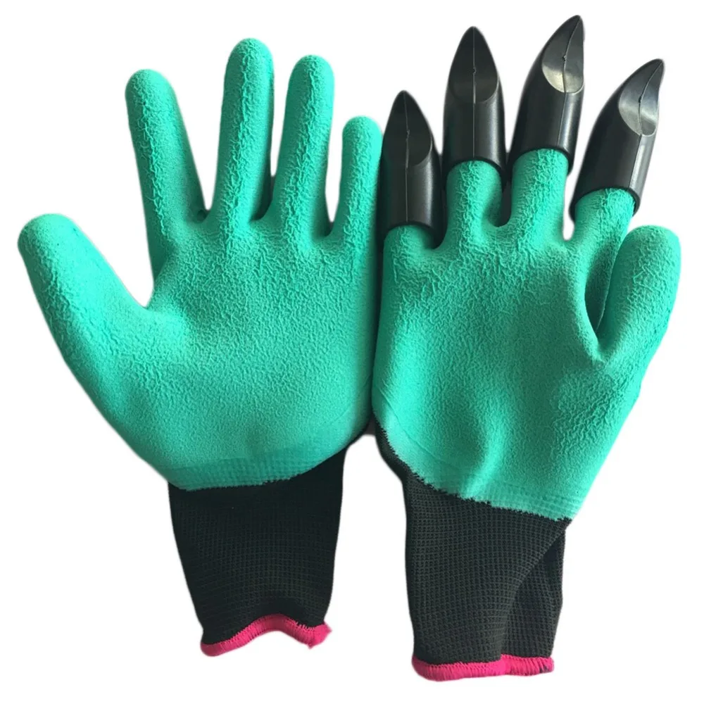 Image 1 Pair Rubber Polyester Builders Garden Work Latex Gloves 4 ABS Plastic Claws High Quality