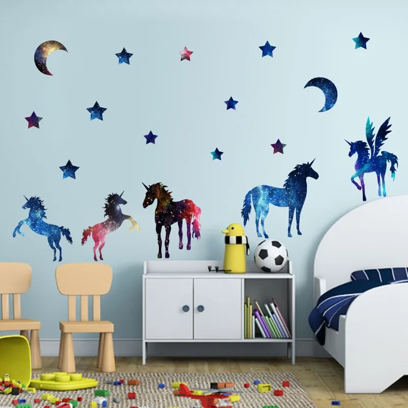 PVC Galaxy Dream Unicorn Wall Sticker For Kids Rooms Star Moon Night Sky Animals Decorative Children Bedroom Decor DIY for | Дом и сад