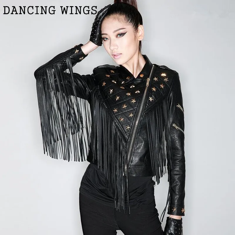 Spring Jacket Women Personality Long Tassel Rivets PU Leather Short Motorcycle Leather Jacket Black Coat
Spring Jacket Women Personality Long Tassel Rivets PU Leather Short Motorcycle Leather Jacket Black Coat