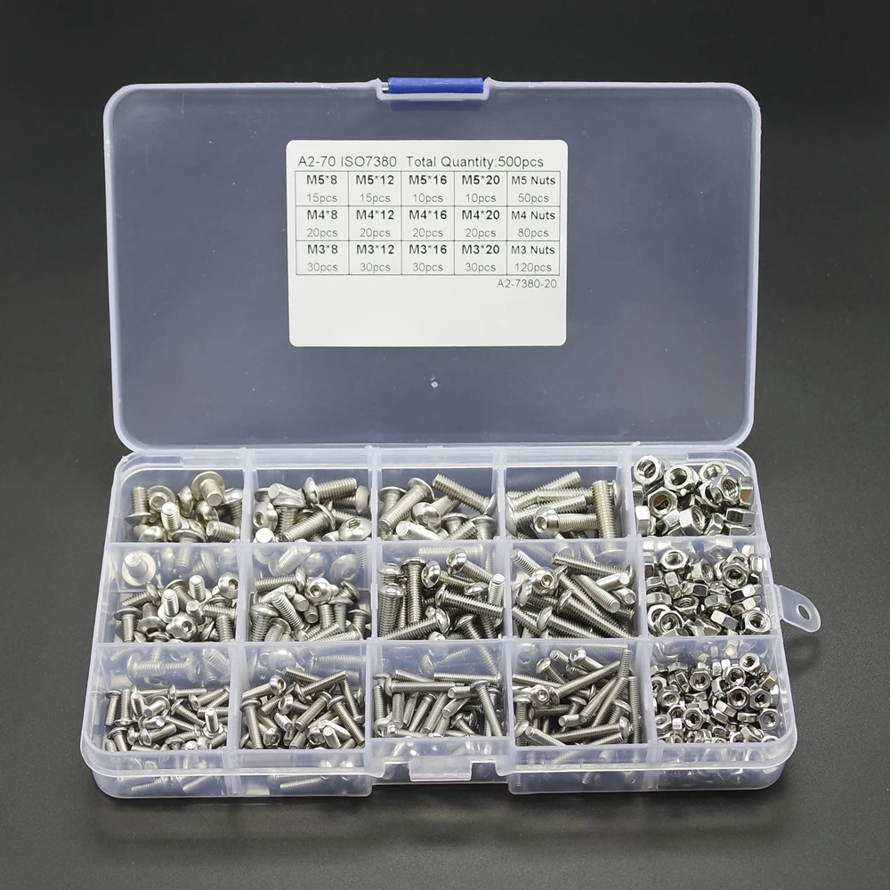 500Pcs M3 M4 M5 Stainless Steel Button Head Hex Socket Cap Bolts Screws Nuts Kit
500Pcs M3 M4 M5 Stainless Steel Button Head Hex Socket Cap Bolts Screws Nuts Kit
