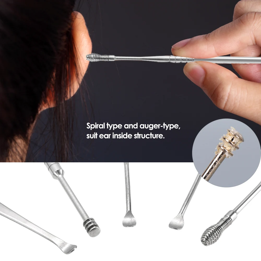 

5Pcs/Set Stainless Steel EarPick Kit Ear Wax Removal Spiral Ear Picks Curette Remover Cleaner With Box For Adult Ear Care Tools