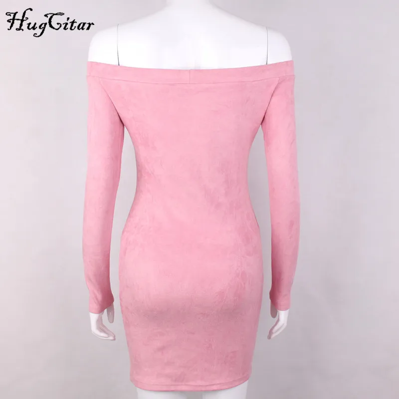 pink Off Shoulder Long Sleeve Mini Bodycon Dress