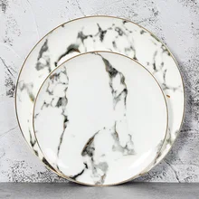 W europie 4 sztuk marmuru ceramicznych okrągły złoty wkładka kości talerz chiński stek deser talerze porcelanowe naczynia domowe naczynia kuchenne zestaw(China)