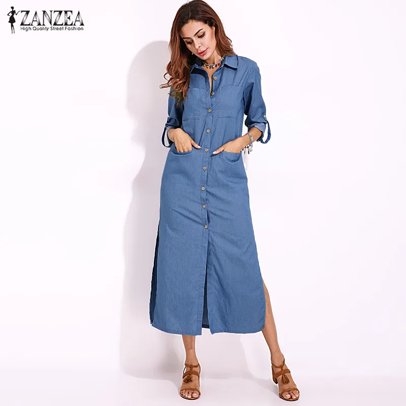 2019 ZANZEA Women Vintage Autumn Denim Blue Turn-down Collar Buttons Down Casual Split Long Shirt Dress Cotton Vestido Plus Size
2019 ZANZEA Women Vintage Autumn Denim Blue Turn-down Collar Buttons Down Casual Split Long Shirt Dress Cotton Vestido Plus Size