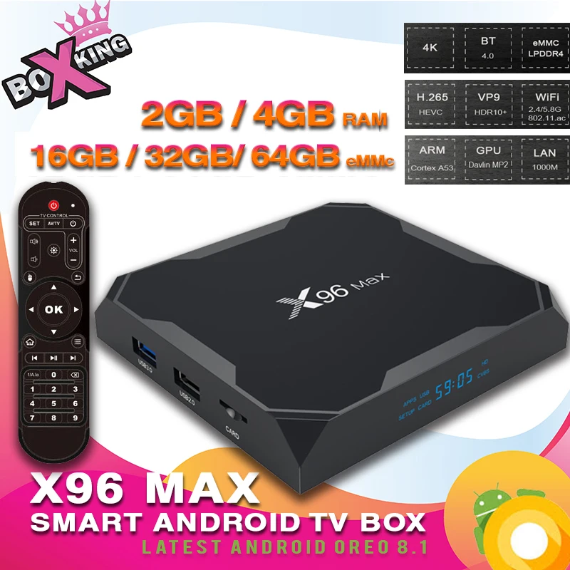 X96 Max Quad-Core 2/4GB 16/32/64GB Smart TV Android box LPDDR4 DUAL BAND WIFI 1000M 4K (tx3 xiaomi mi box Set top box) (p10)
X96 Max Quad-Core 2/4GB 16/32/64GB Smart TV Android box LPDDR4 DUAL BAND WIFI 1000M 4K (tx3 xiaomi mi box Set top box) (p10)
