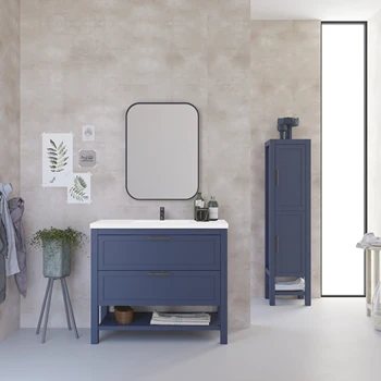 Bathroom Freestanding Vanity Cabinet Kansas | Matte blue | Old gold handle | 100 x 88.5 x 45 cm | vanity + sink | 2 drawers 
Bathroom Freestanding Vanity Cabinet Kansas | Matte blue | Old gold handle | 100 x 88.5 x 45 cm | vanity + sink | 2 drawers