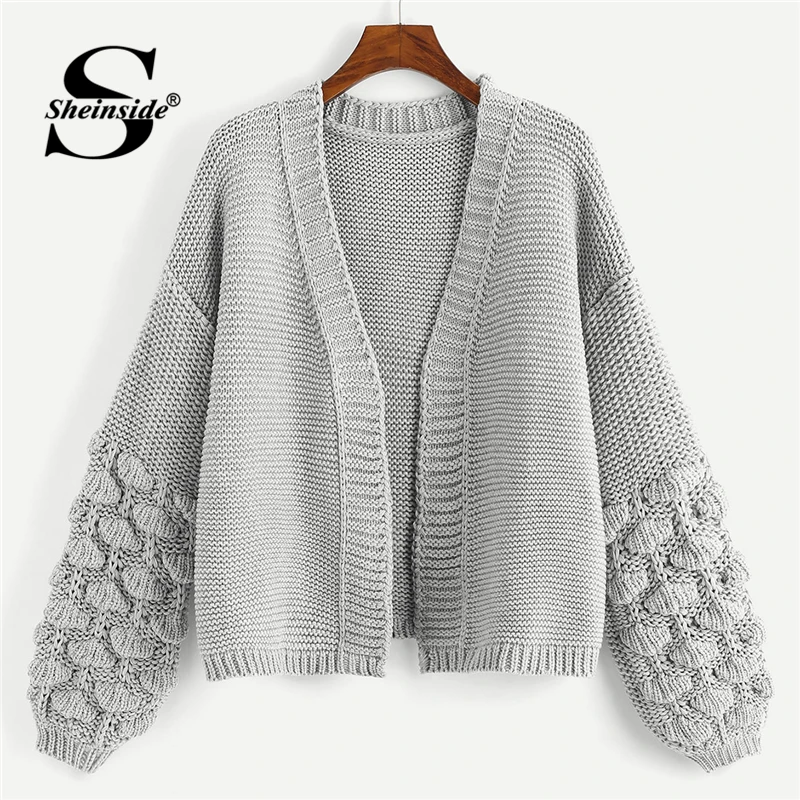 

Sheinside Grey Crochet Bishop Sleeve Marled Cardigan Women Knitted Clothes 2018 Autumn Fashion Womens Sweater Ladies Cardigans