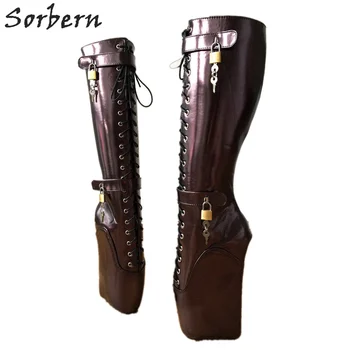 

Sorbern Custom Ballet Wedge Knee High Boot Wide Calf Sexy Fetish High Heels Shoe Pinup Ballet Lockable Boot Eggplant Patent Shoe